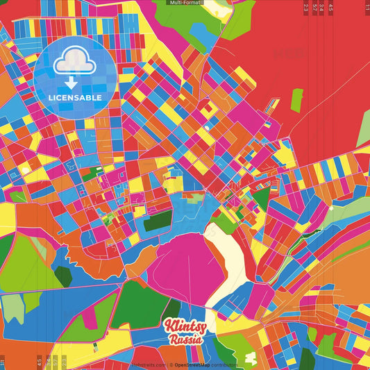 Klintsy, Bryansk Oblast, Russia Crazy Colorful Street Map Poster Template
