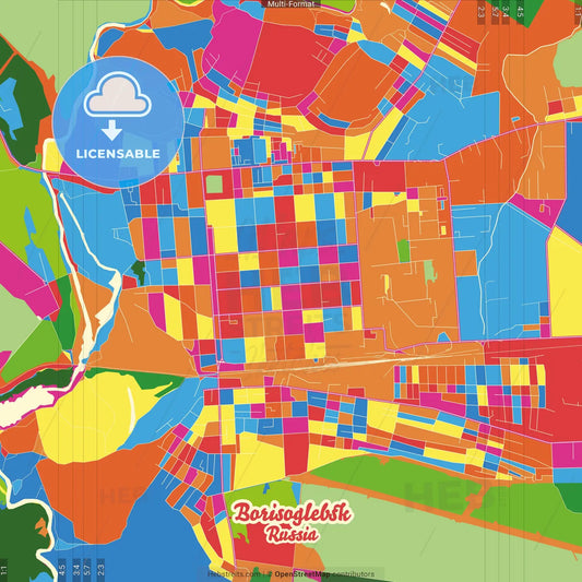 Borisoglebsk, Voronezh Oblast, Russia Crazy Colorful Street Map Poster Template
