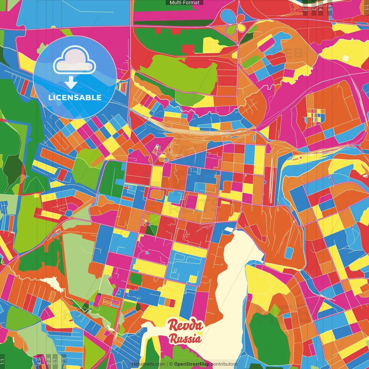 Revda, Sverdlovsk Oblast, Russia Crazy Colorful Street Map Poster Template
