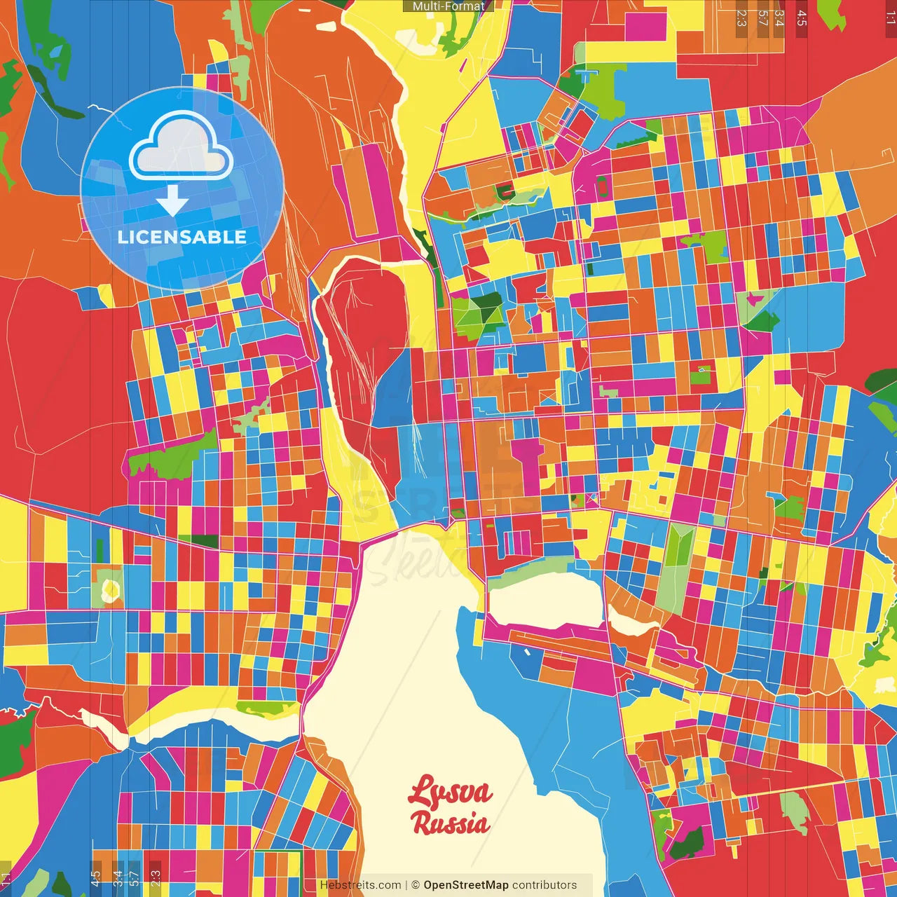 Lysva, Perm Krai, Russia Crazy Colorful Street Map Poster Template