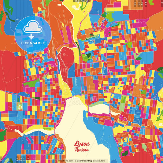 Lysva, Perm Krai, Russia Crazy Colorful Street Map Poster Template