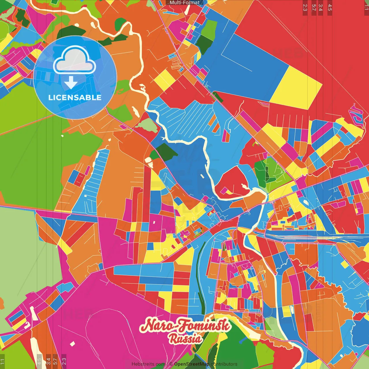 Naro-Fominsk, Moscow Oblast, Russia Crazy Colorful Street Map Poster Template