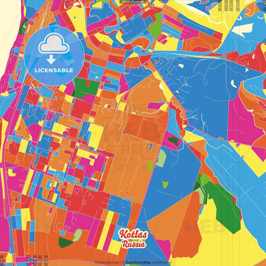 Kotlas, Arkhangelsk Oblast, Russia Crazy Colorful Street Map Poster Template