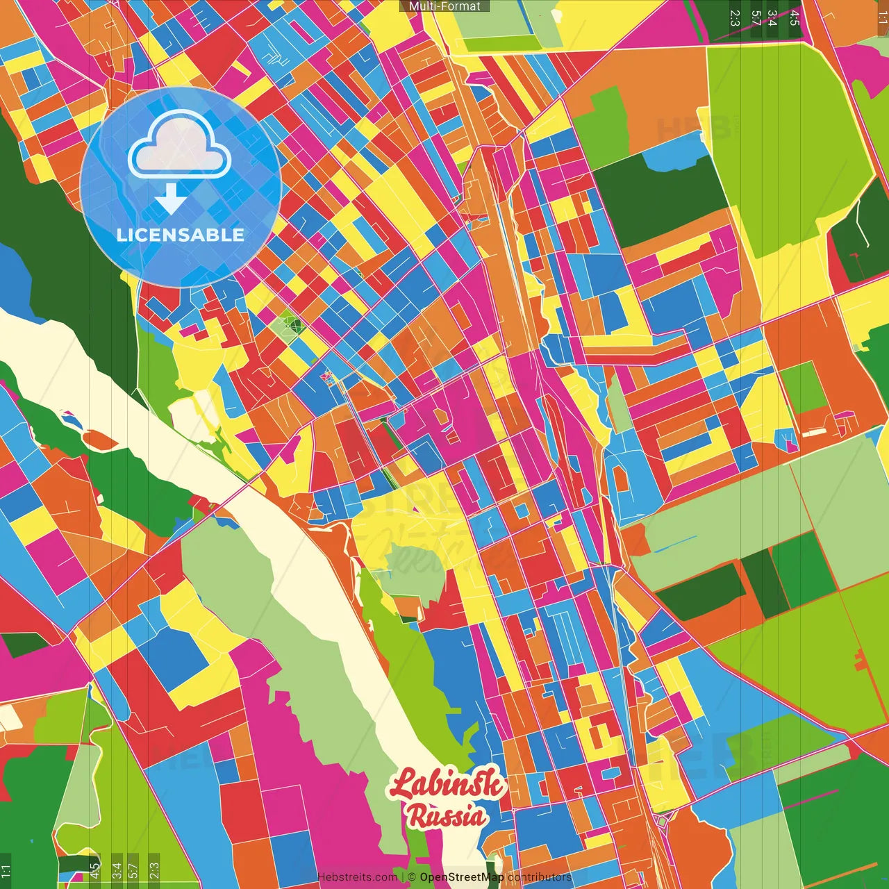 Labinsk, Krasnodar Krai, Russia Crazy Colorful Street Map Poster Template