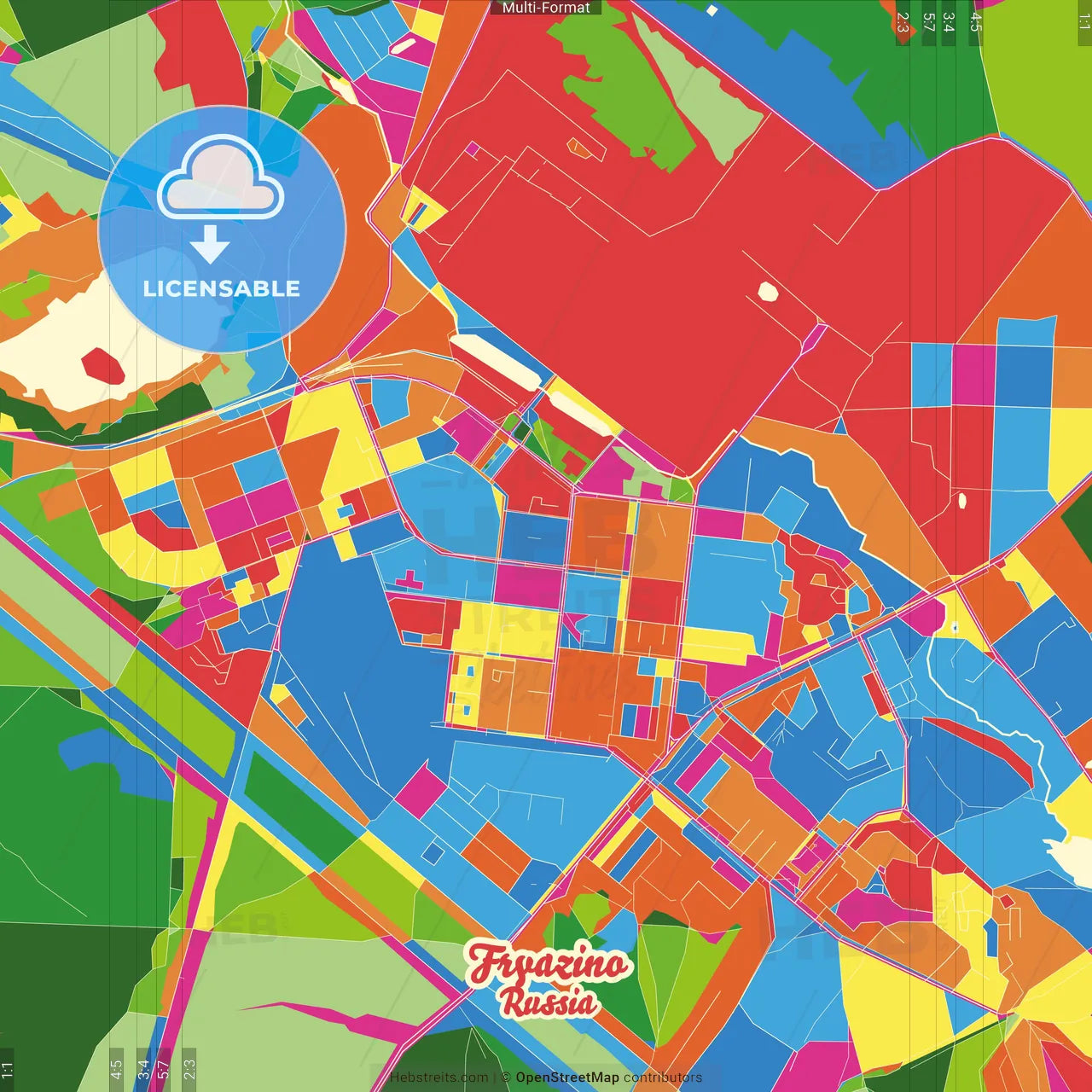 Fryazino, Moscow Oblast, Russia Crazy Colorful Street Map Poster Template