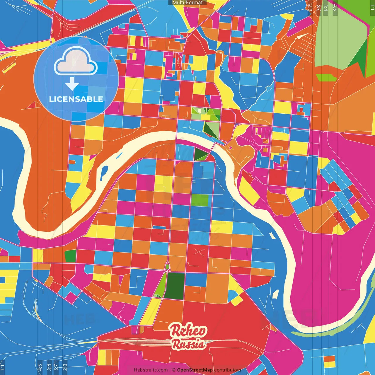 Rzhev, Tver Oblast, Russia Crazy Colorful Street Map Poster Template