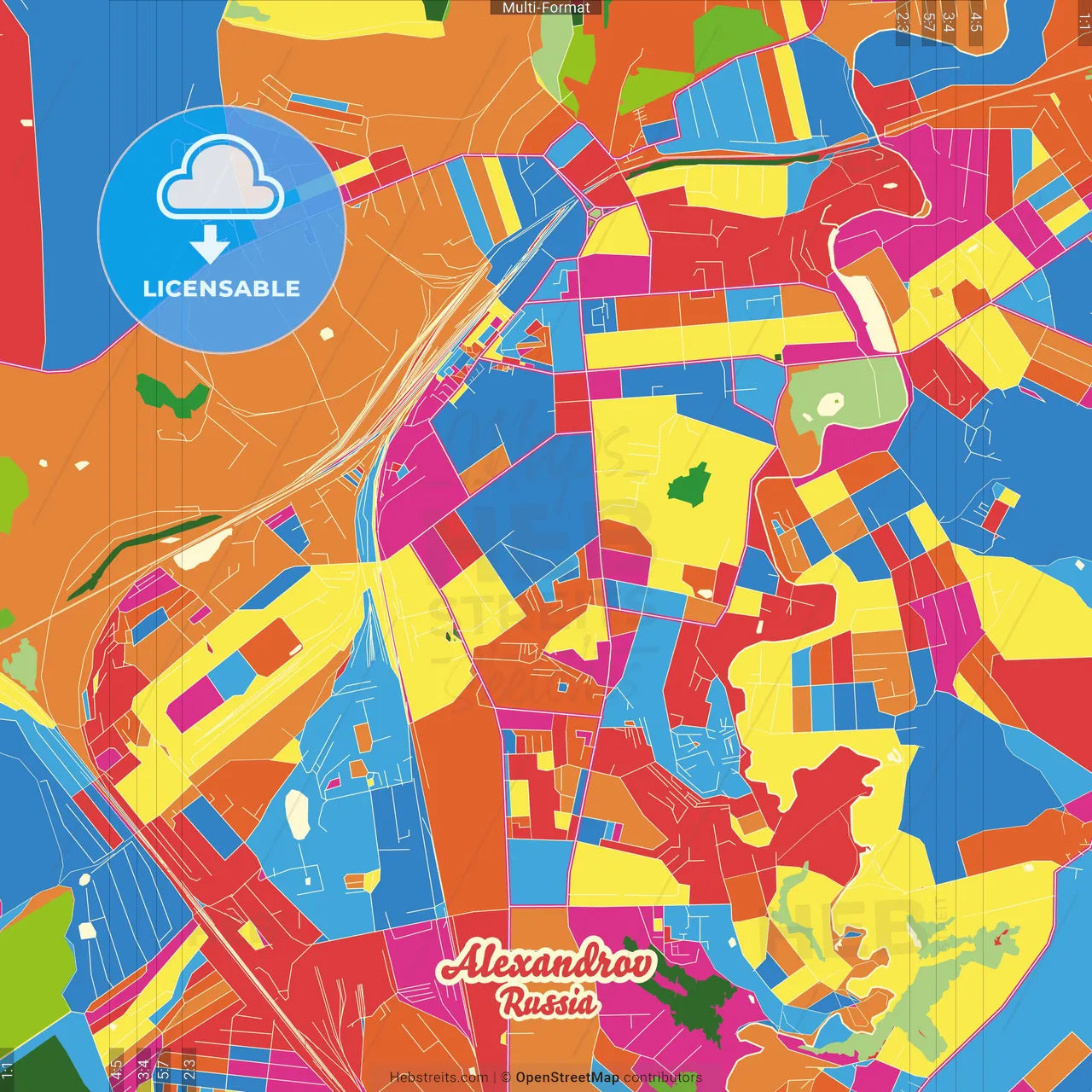 Alexandrov, Vladimir Oblast, Russia Crazy Colorful Street Map Poster Template