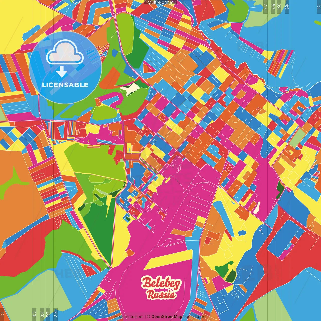 Belebey, Republic of Bashkortostan, Russia Crazy Colorful Street Map Poster Template