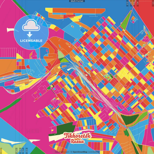 Tikhoretsk, Krasnodar Krai, Russia Crazy Colorful Street Map Poster Template