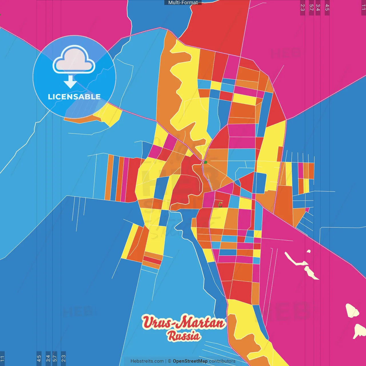 Urus-Martan, Chechen Republic, Russia Crazy Colorful Street Map Poster Template