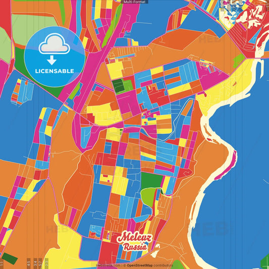 Meleuz, Republic of Bashkortostan, Russia Crazy Colorful Street Map Poster Template