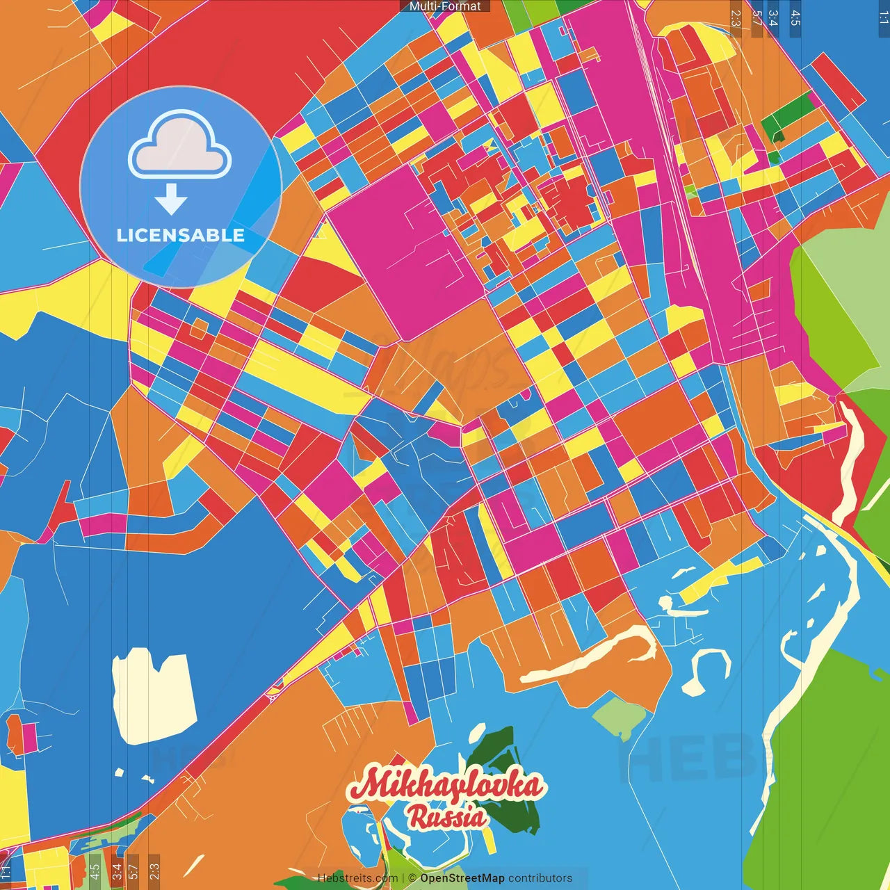 Mikhaylovka, Volgograd Oblast, Russia Crazy Colorful Street Map Poster Template