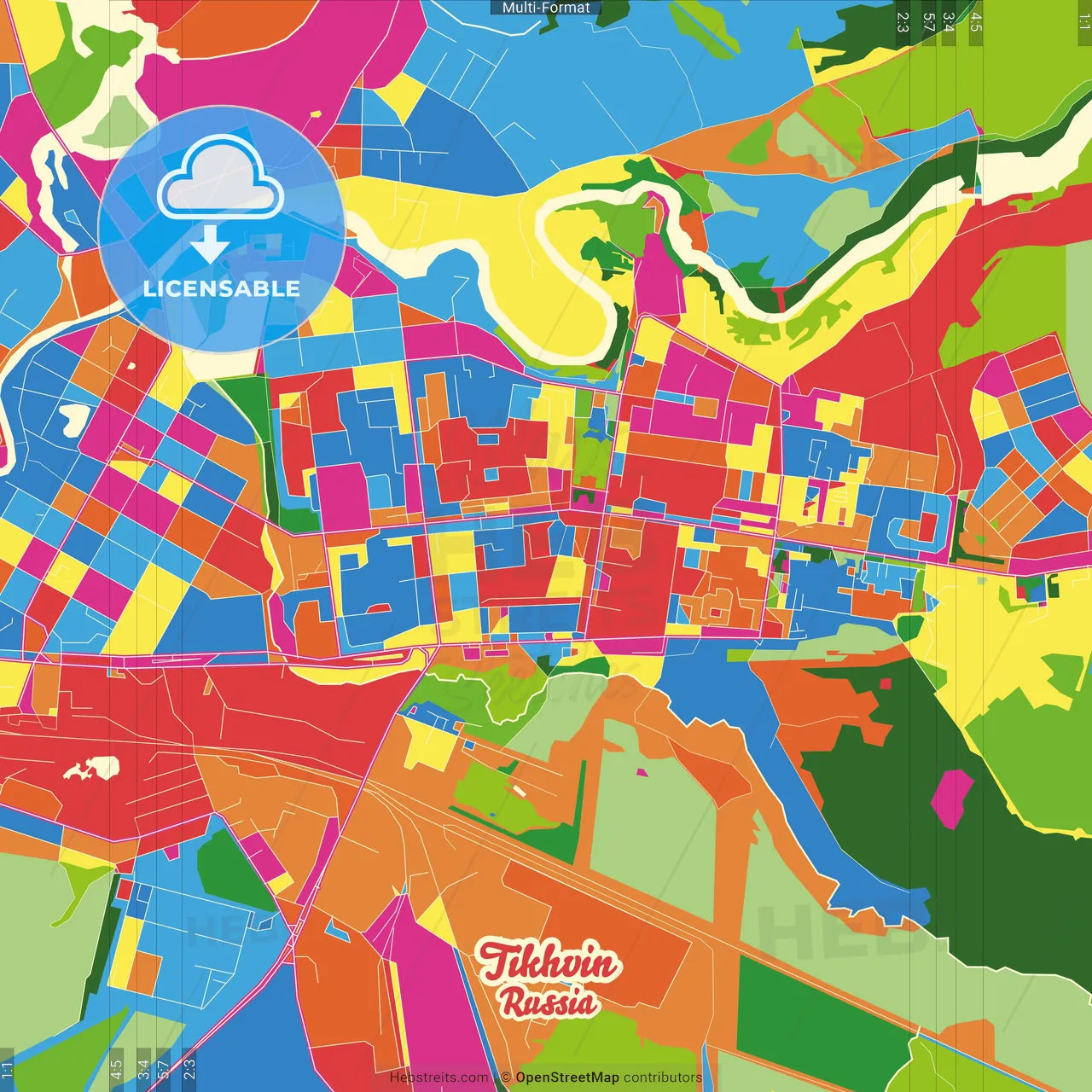 Tikhvin, Leningrad Oblast, Russia Crazy Colorful Street Map Poster Template