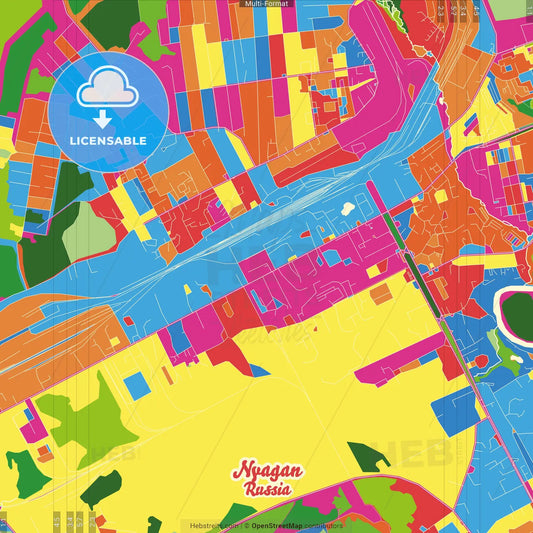 Nyagan, Khanty-Mansi Autonomous Okrug-Yugra, Russia Crazy Colorful Street Map Poster Template