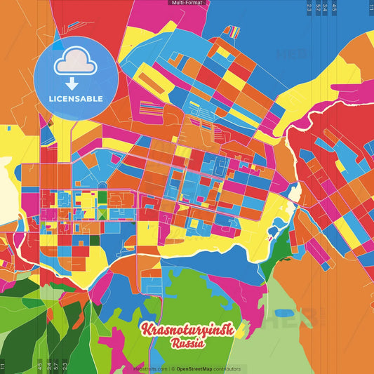Krasnoturyinsk, Sverdlovsk Oblast, Russia Crazy Colorful Street Map Poster Template