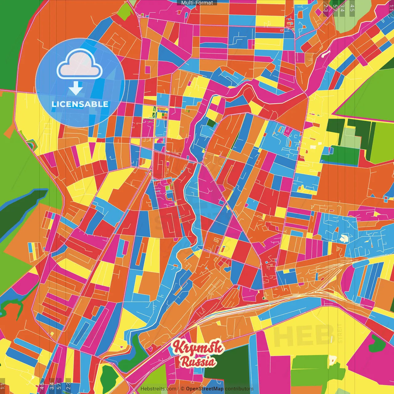 Krymsk, Krasnodar Krai, Russia Crazy Colorful Street Map Poster Template
