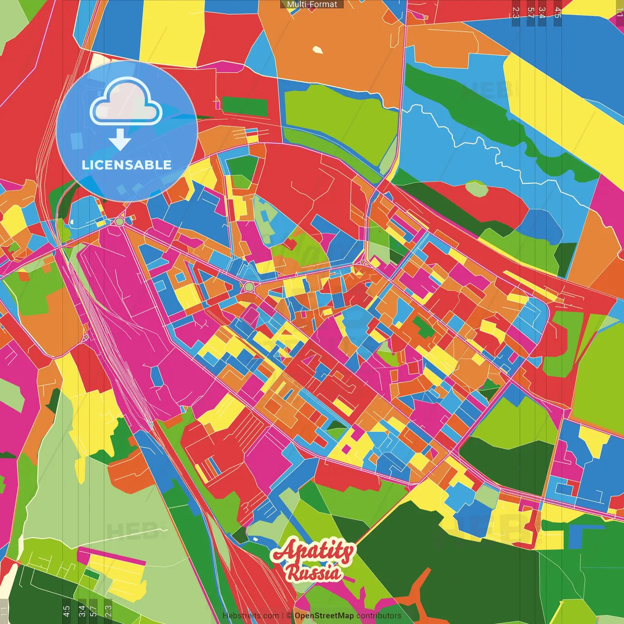 Apatity, Murmansk Oblast, Russia Crazy Colorful Street Map Poster Template