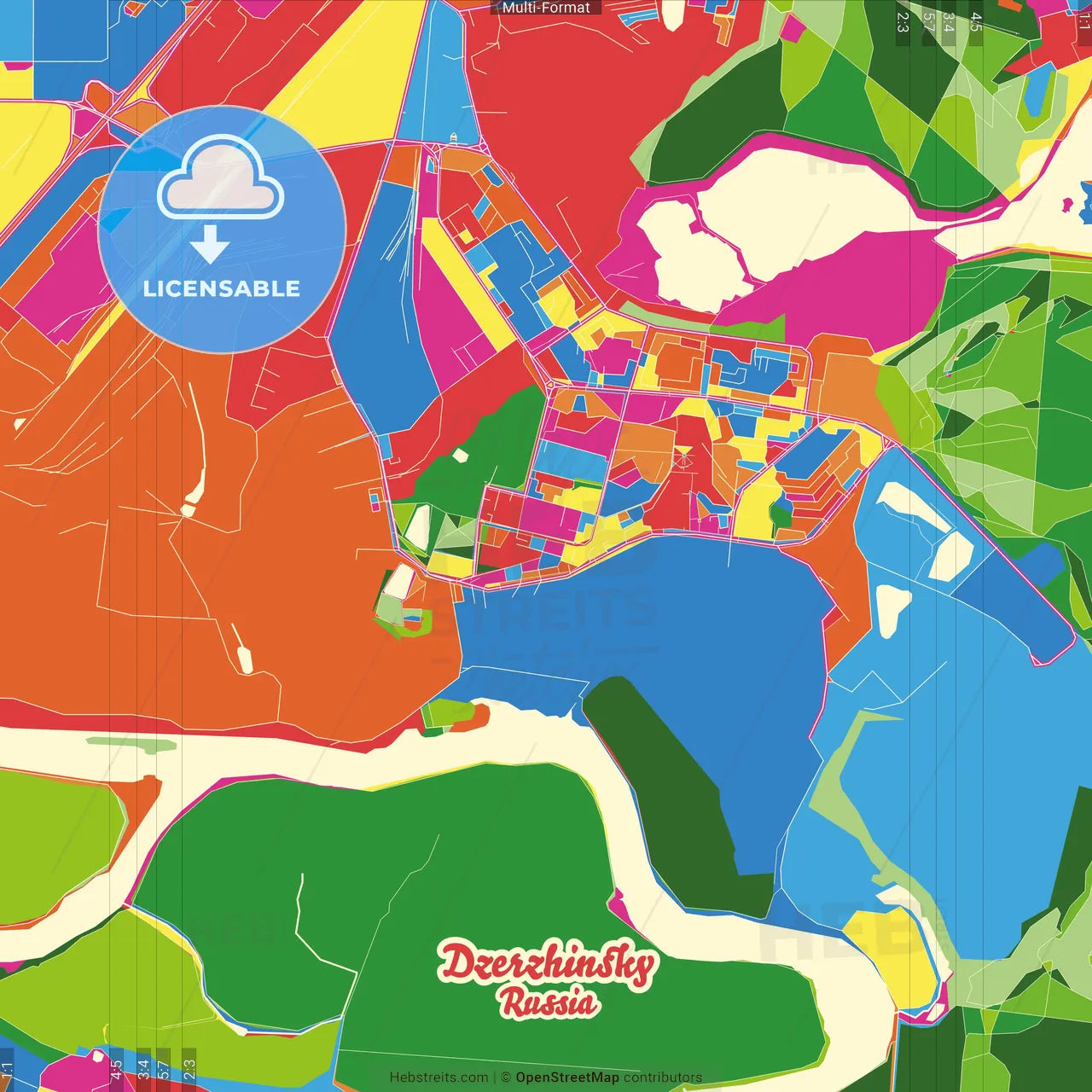 Dzerzhinsky, Moscow Oblast, Russia Crazy Colorful Street Map Poster Template