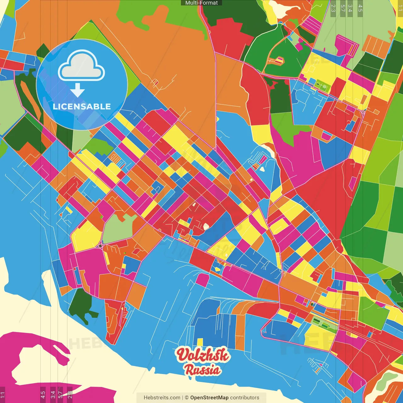 Volzhsk, Mari El Republic, Russia Crazy Colorful Street Map Poster Template