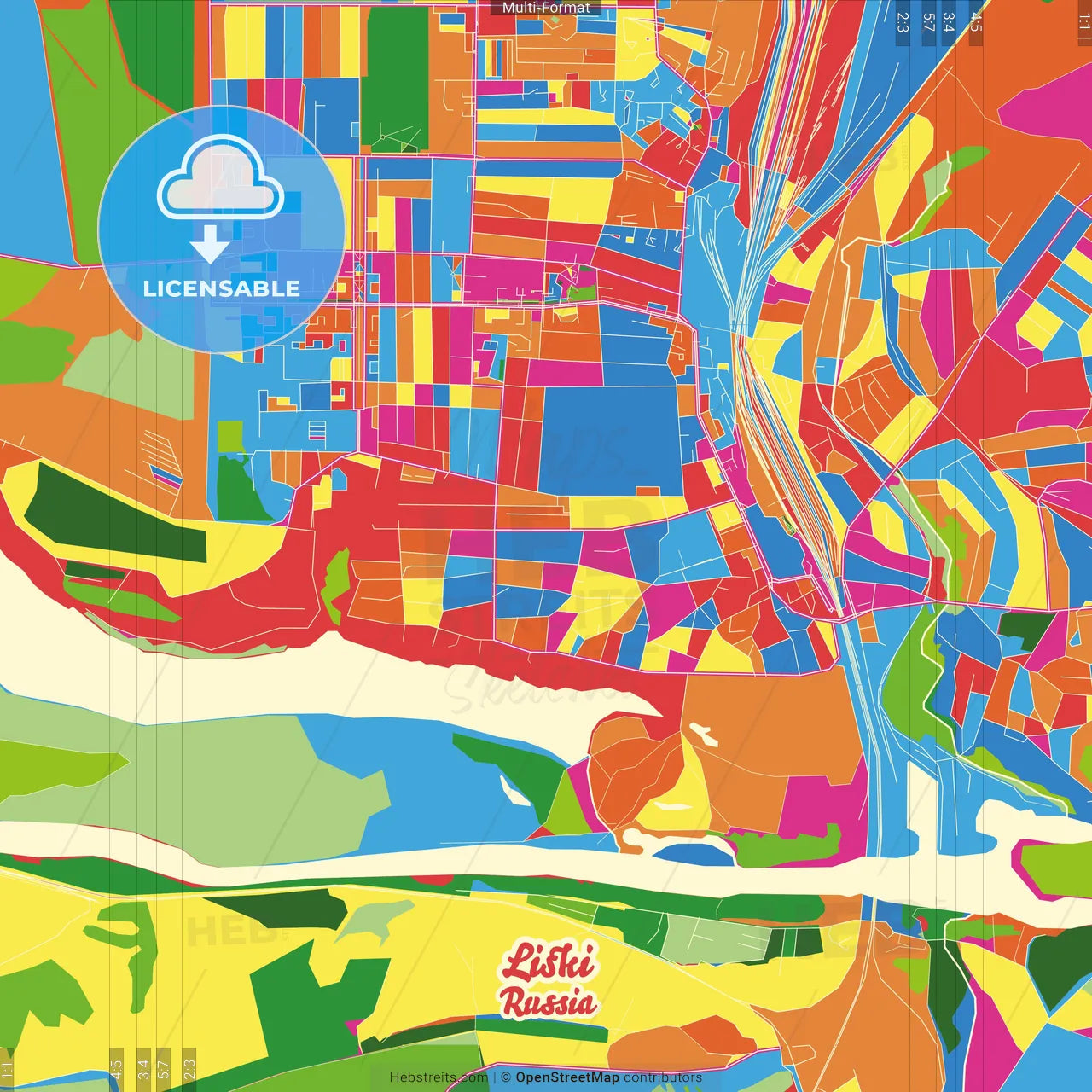 Liski, Voronezh Oblast, Russia Crazy Colorful Street Map Poster Template