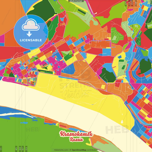 Krasnokamsk, Perm Krai, Russia Crazy Colorful Street Map Poster Template
