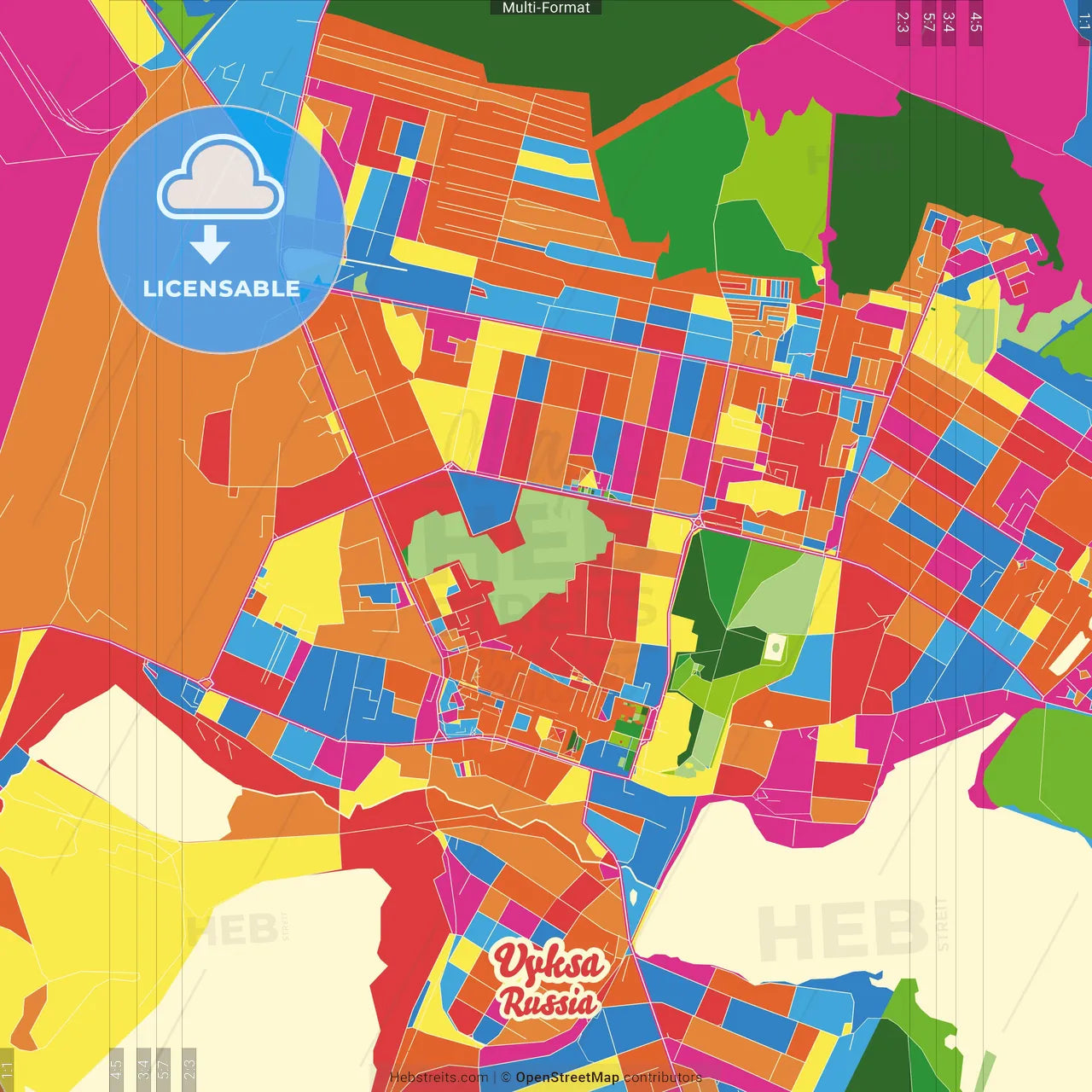 Vyksa, Nizhny Novgorod Oblast, Russia Crazy Colorful Street Map Poster Template