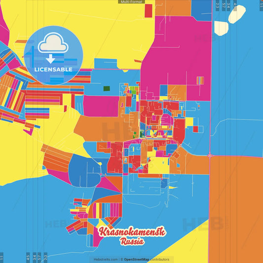 Krasnokamensk, Zabaykalsky Krai, Russia Crazy Colorful Street Map Poster Template