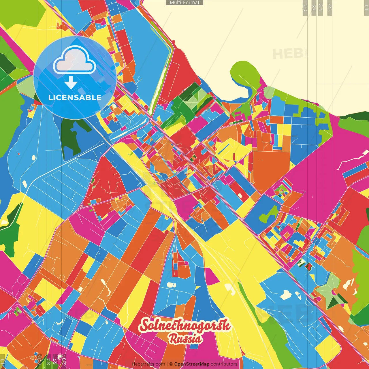 Solnechnogorsk, Moscow Oblast, Russia Crazy Colorful Street Map Poster Template