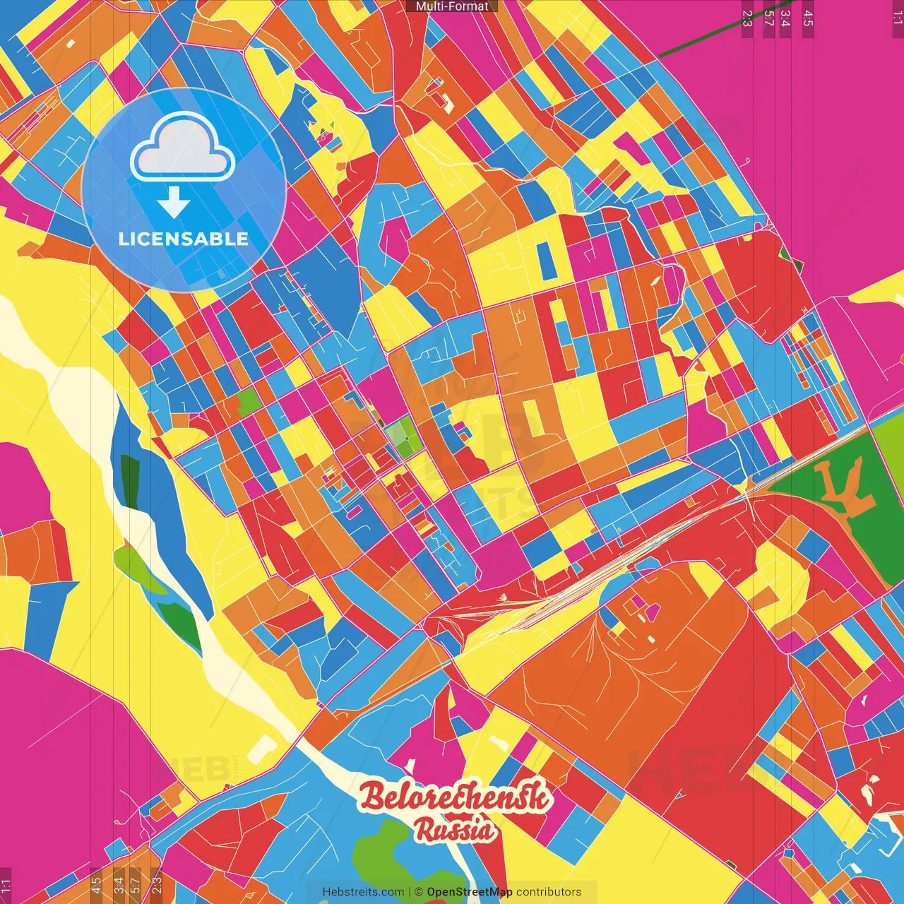 Belorechensk, Krasnodar Krai, Russia Crazy Colorful Street Map Poster Template