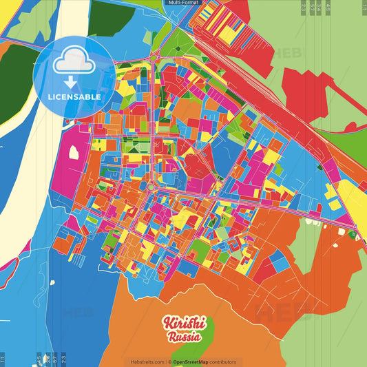Kirishi, Leningrad Oblast, Russia Crazy Colorful Street Map Poster Template