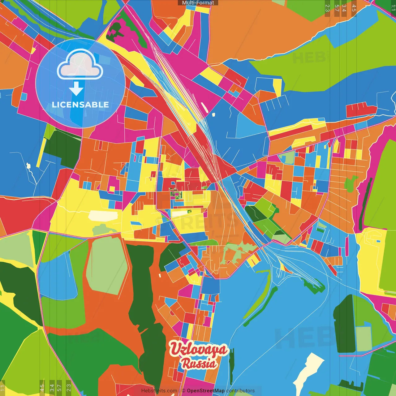 Uzlovaya, Tula Oblast, Russia Crazy Colorful Street Map Poster Template