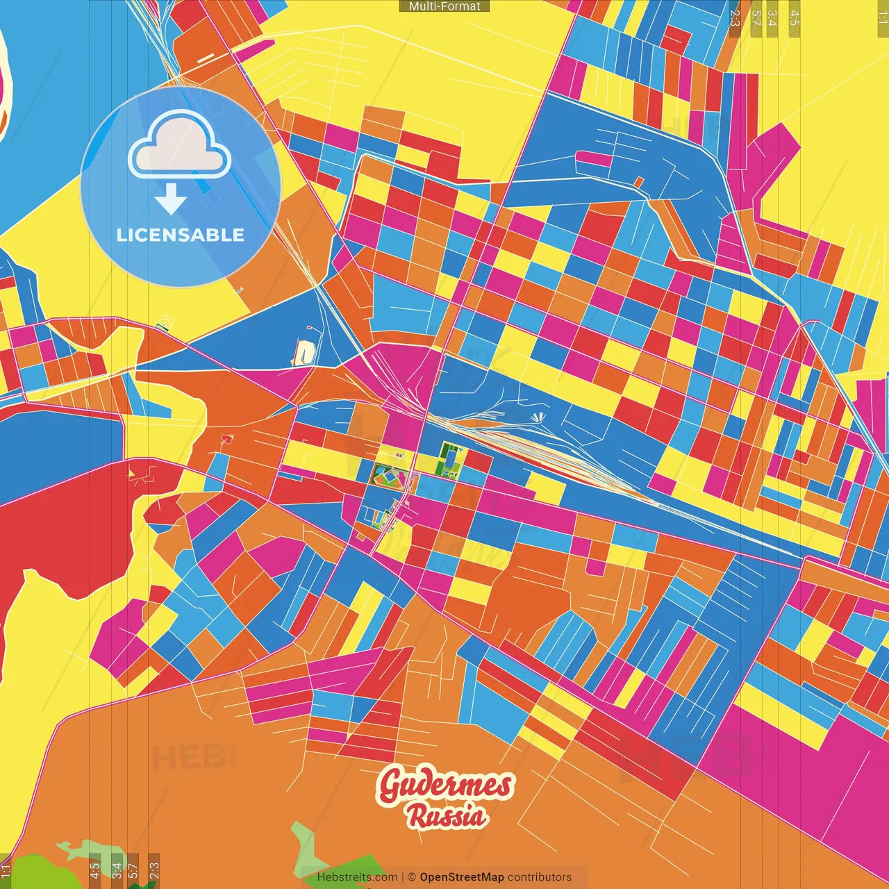 Gudermes, Chechen Republic, Russia Crazy Colorful Street Map Poster Template