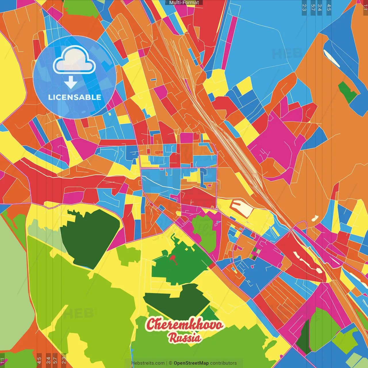 Cheremkhovo, Irkutsk Oblast, Russia Crazy Colorful Street Map Poster Template