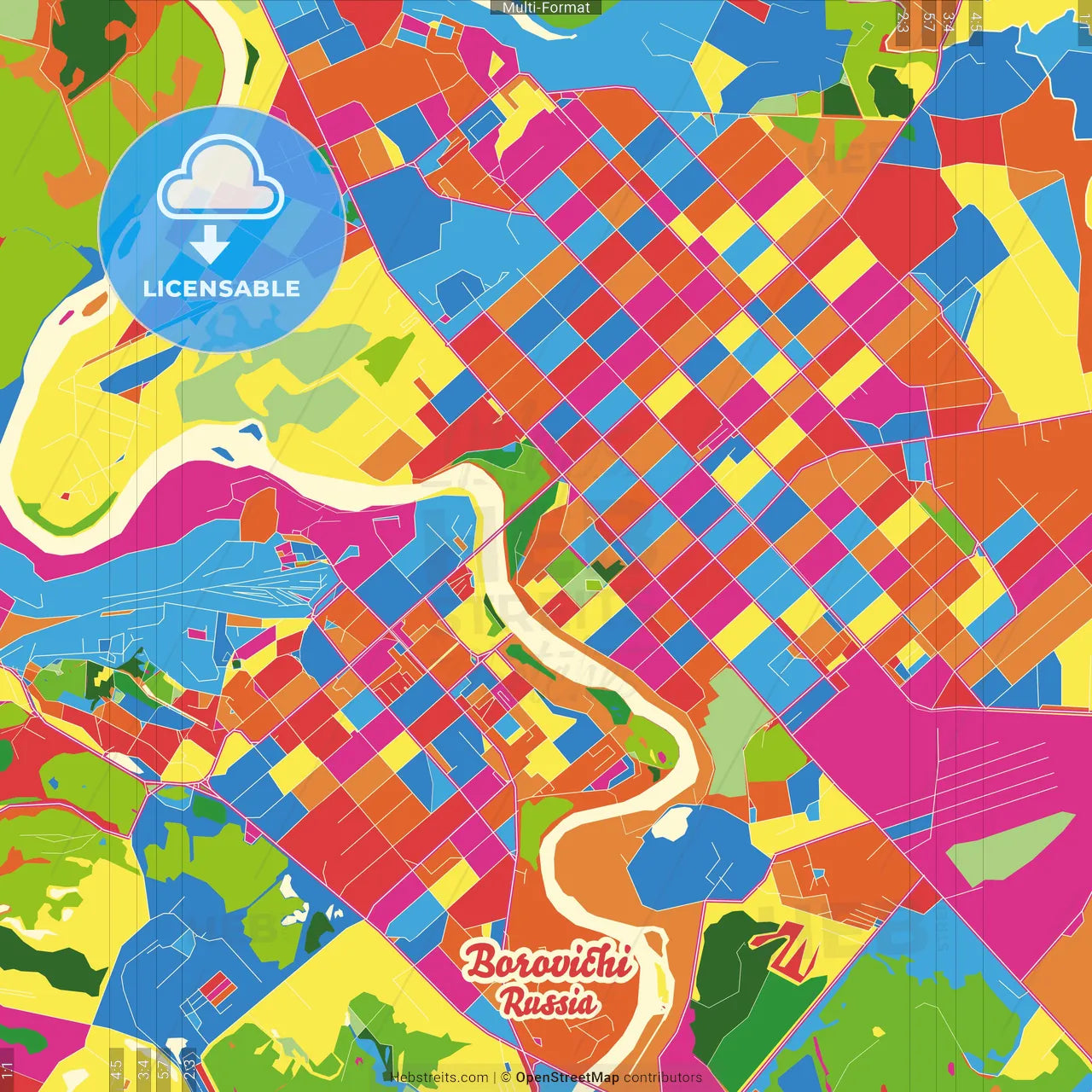 Borovichi, Novgorod Oblast, Russia Crazy Colorful Street Map Poster Template