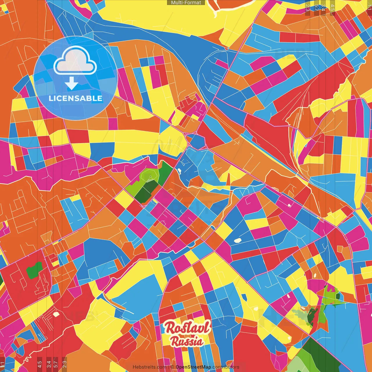 Roslavl, Smolensk Oblast, Russia Crazy Colorful Street Map Poster Template