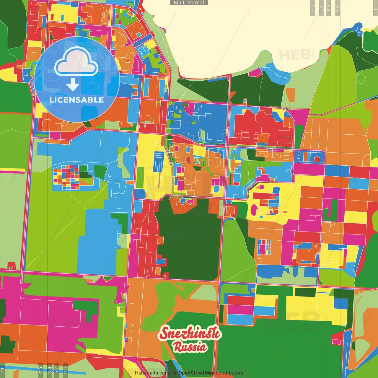 Snezhinsk, Chelyabinsk Oblast, Russia Crazy Colorful Street Map Poster Template