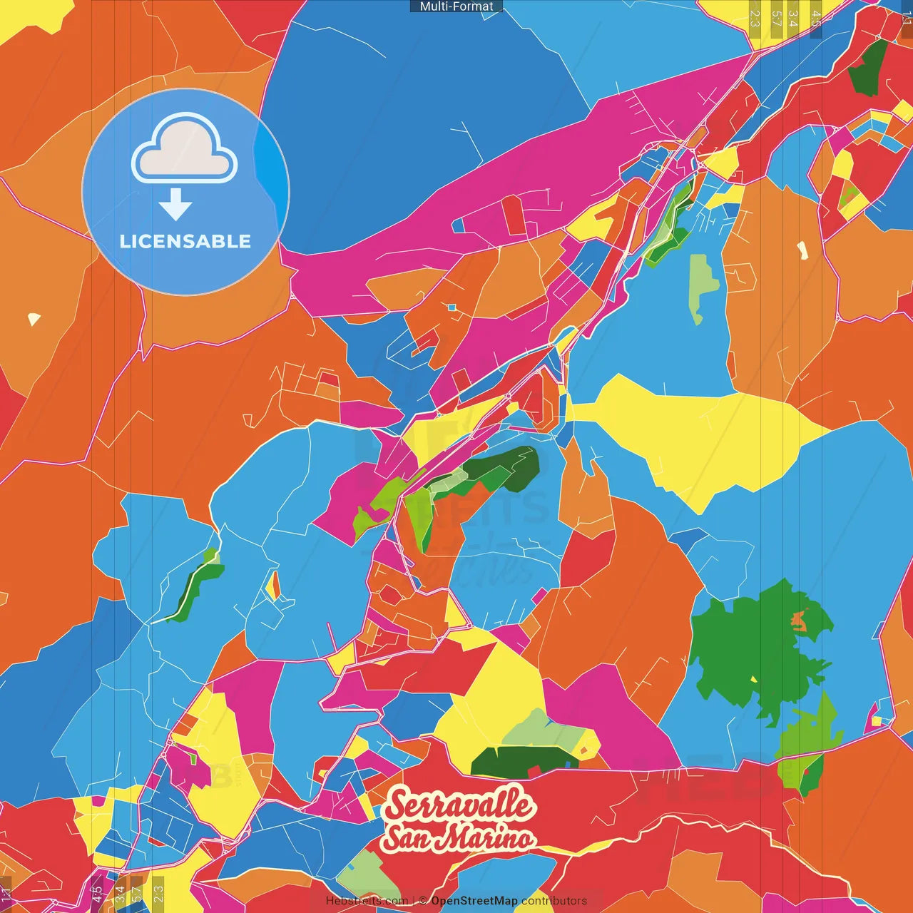 Serravalle, San Marino Crazy Colorful Street Map Poster Template