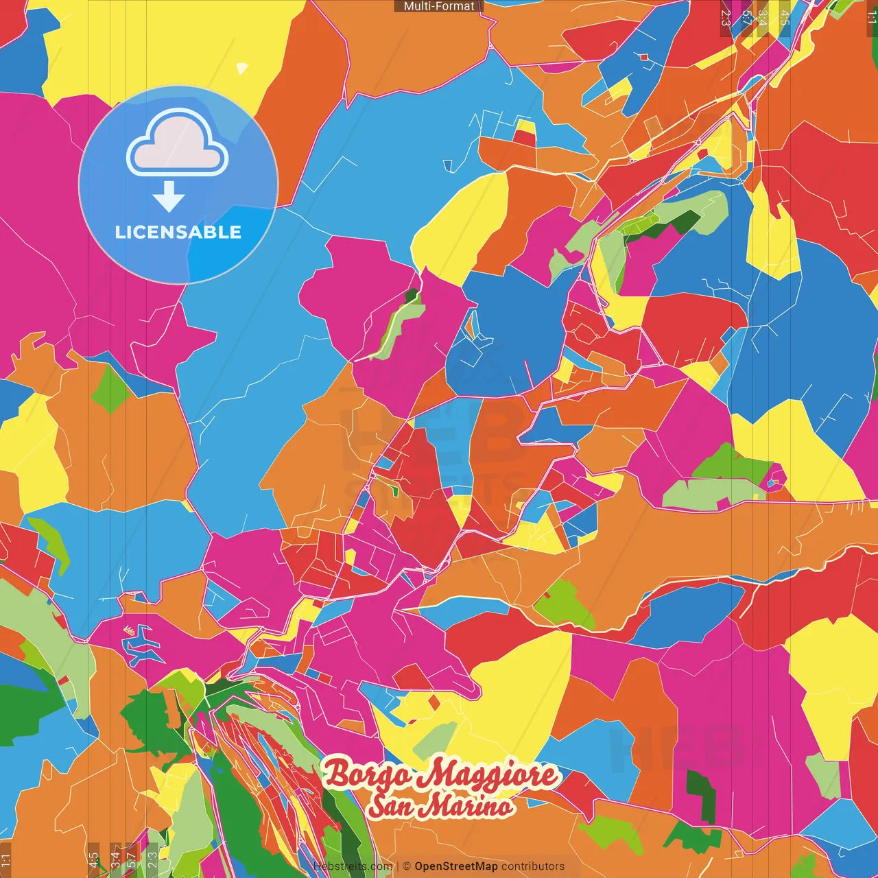 Borgo Maggiore, San Marino Crazy Colorful Street Map Poster Template