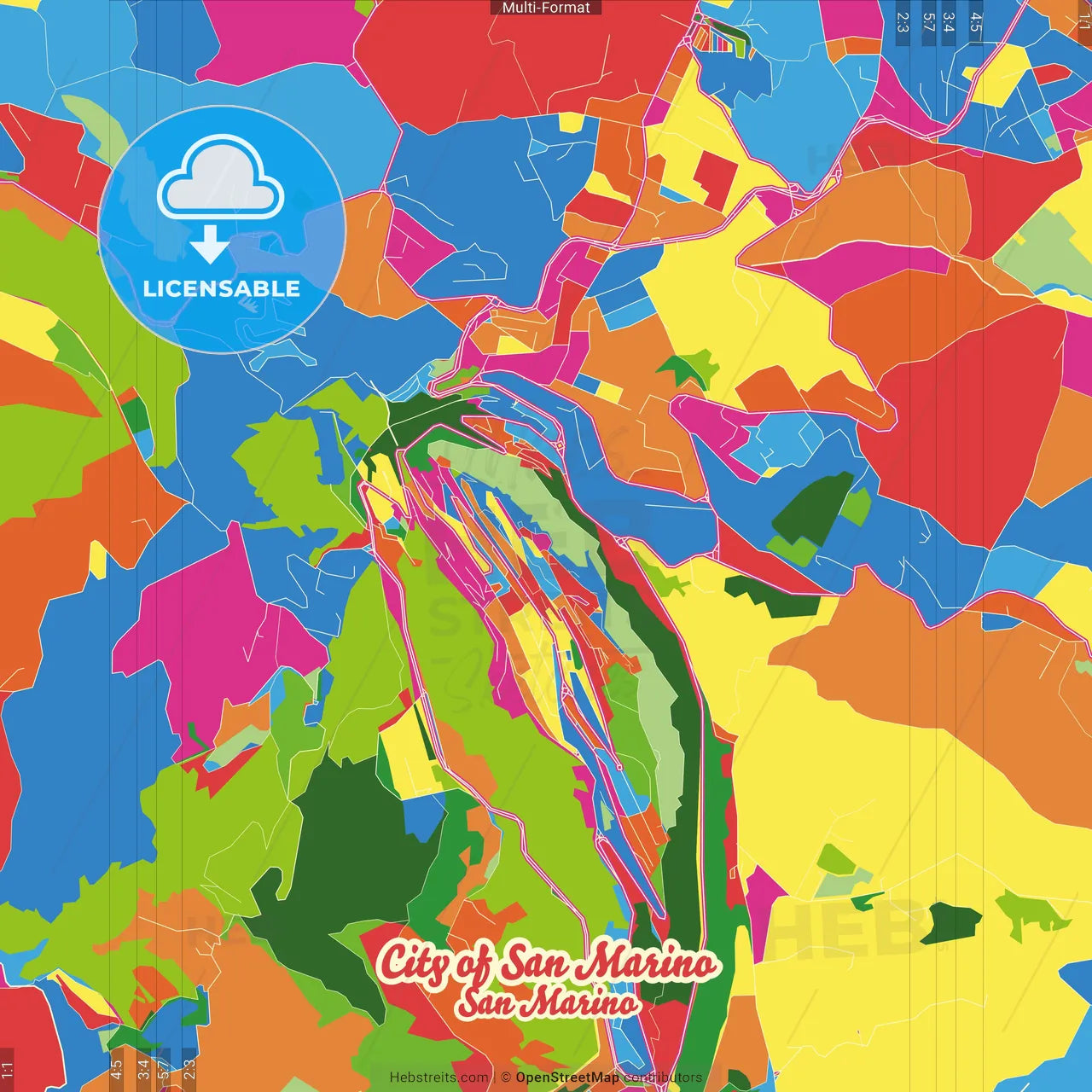 City of San Marino, San Marino Crazy Colorful Street Map Poster Template