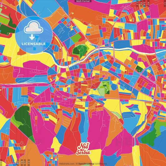 Niš, Nišava, Serbia Crazy Colorful Street Map Poster Template