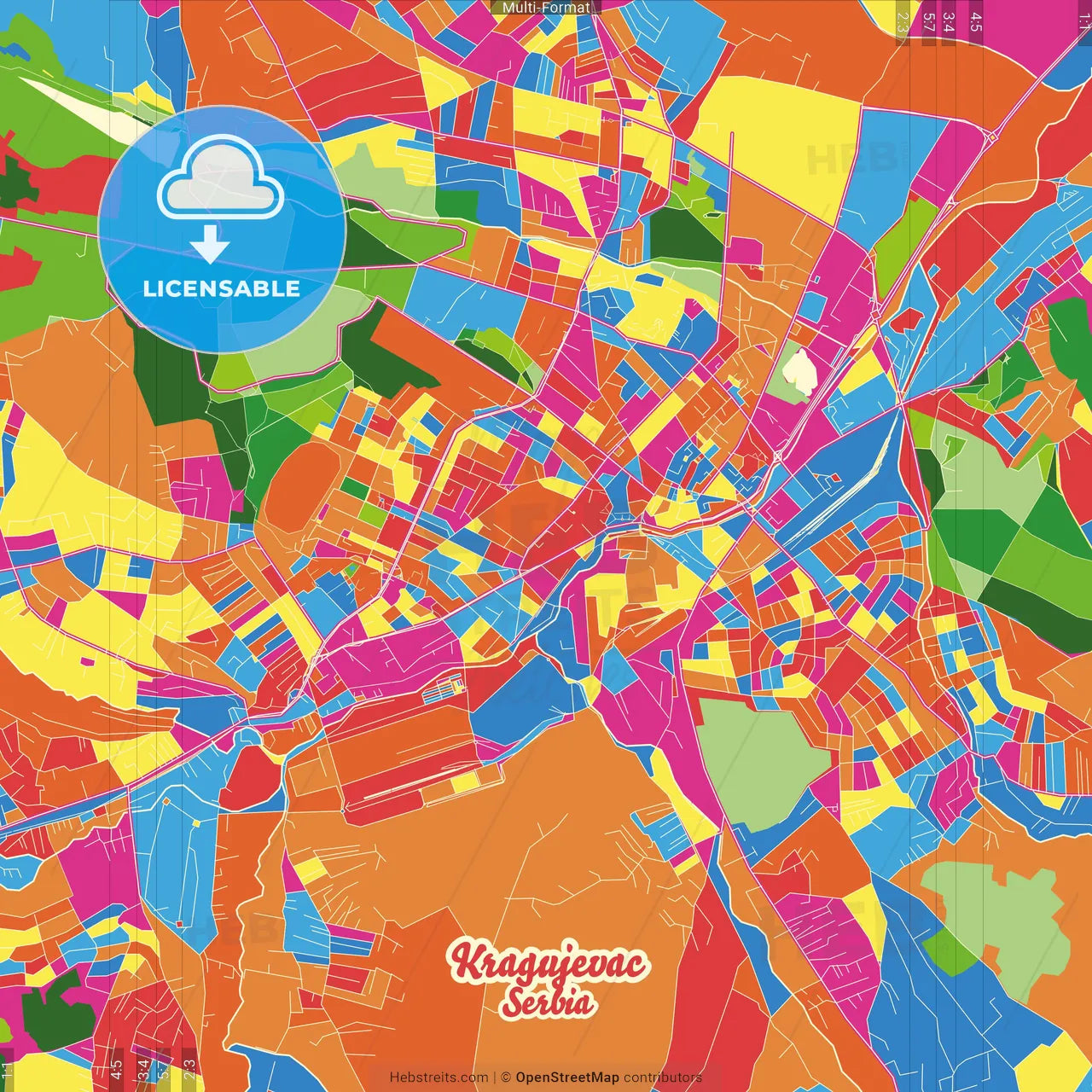 Kragujevac, Šumadija, Serbia Crazy Colorful Street Map Poster Template