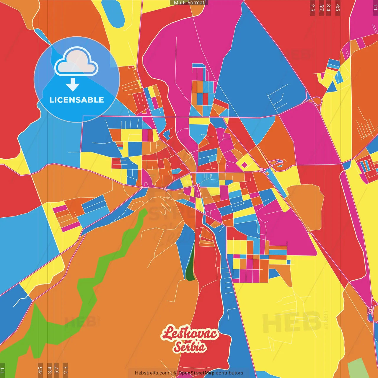Leskovac, Jablanica, Serbia Crazy Colorful Street Map Poster Template