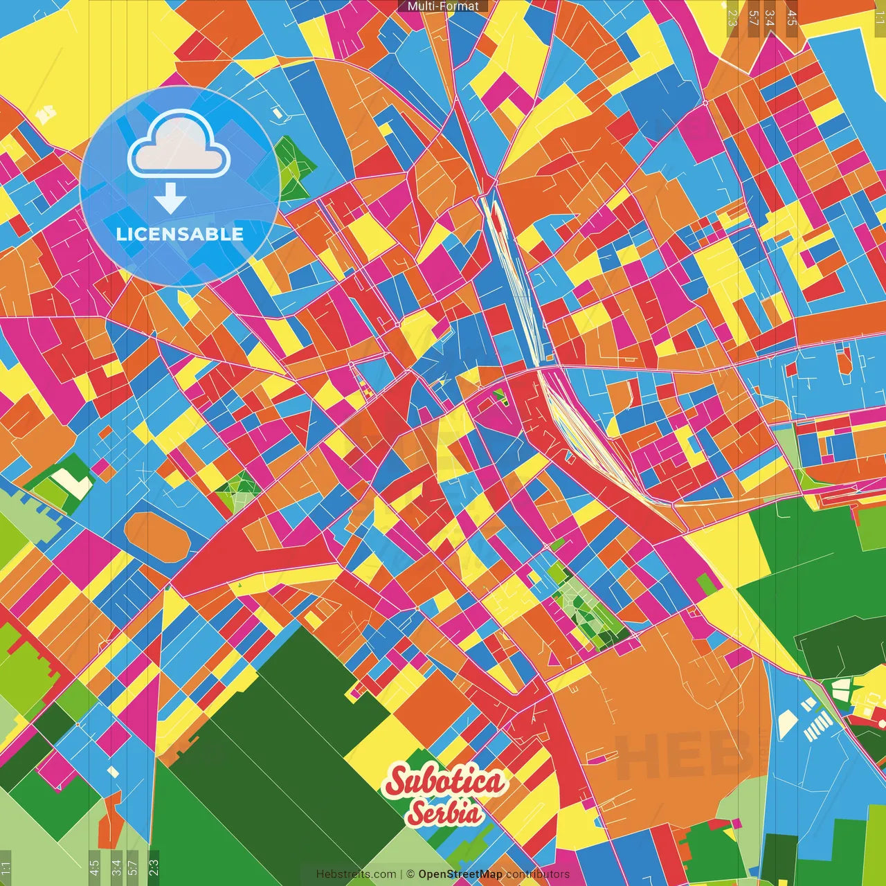 Subotica, North Bačka, Serbia Crazy Colorful Street Map Poster Template