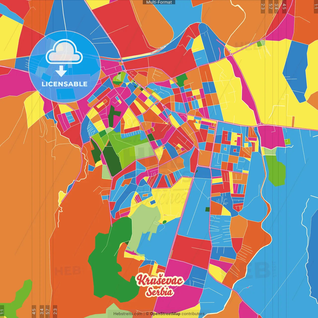 Kruševac, Rasina, Serbia Crazy Colorful Street Map Poster Template