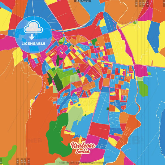 Kruševac, Rasina, Serbia Crazy Colorful Street Map Poster Template