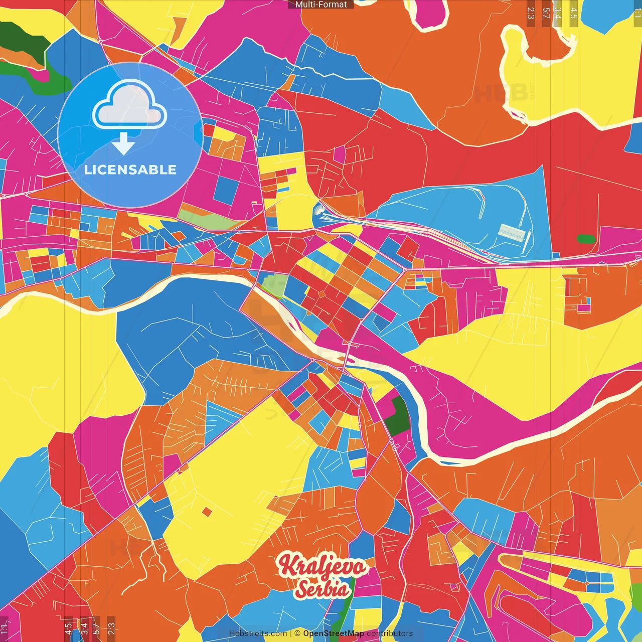 Kraljevo, Raška, Serbia Crazy Colorful Street Map Poster Template