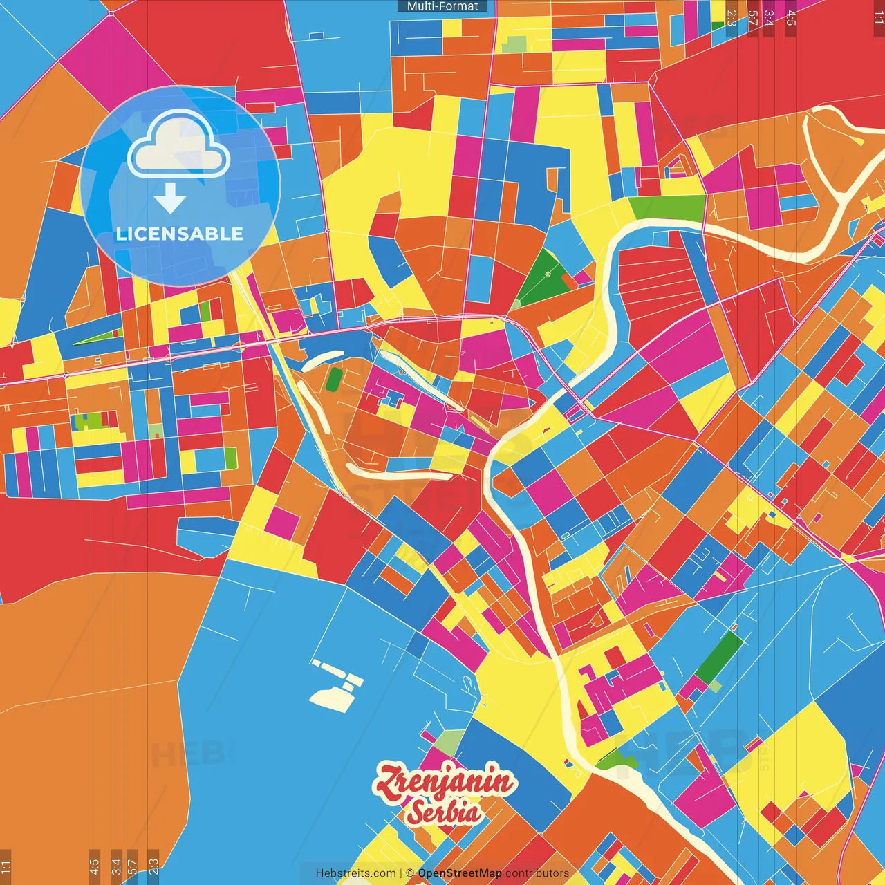 Zrenjanin, Central Banat, Serbia Crazy Colorful Street Map Poster Template