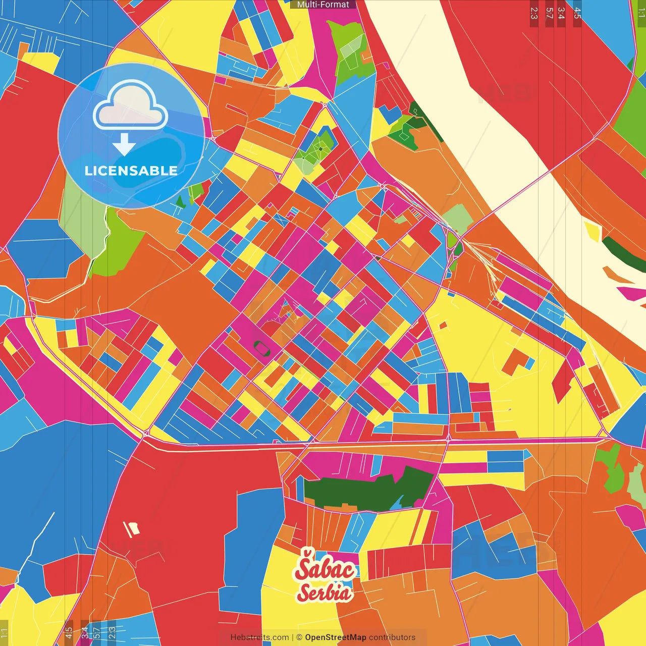 Šabac, Mačva, Serbia Crazy Colorful Street Map Poster Template