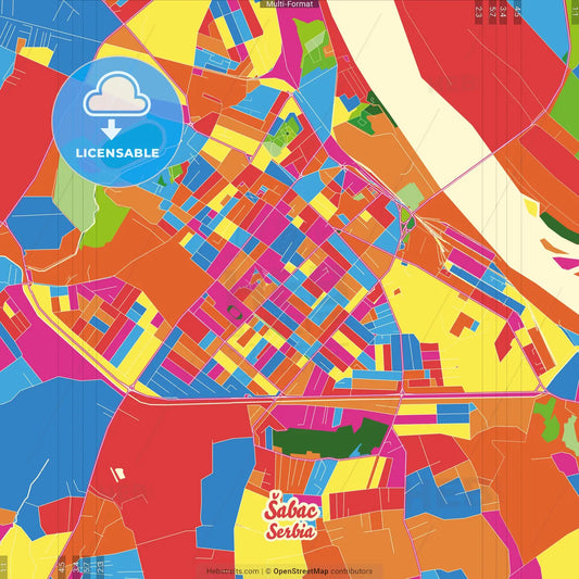 Šabac, Mačva, Serbia Crazy Colorful Street Map Poster Template