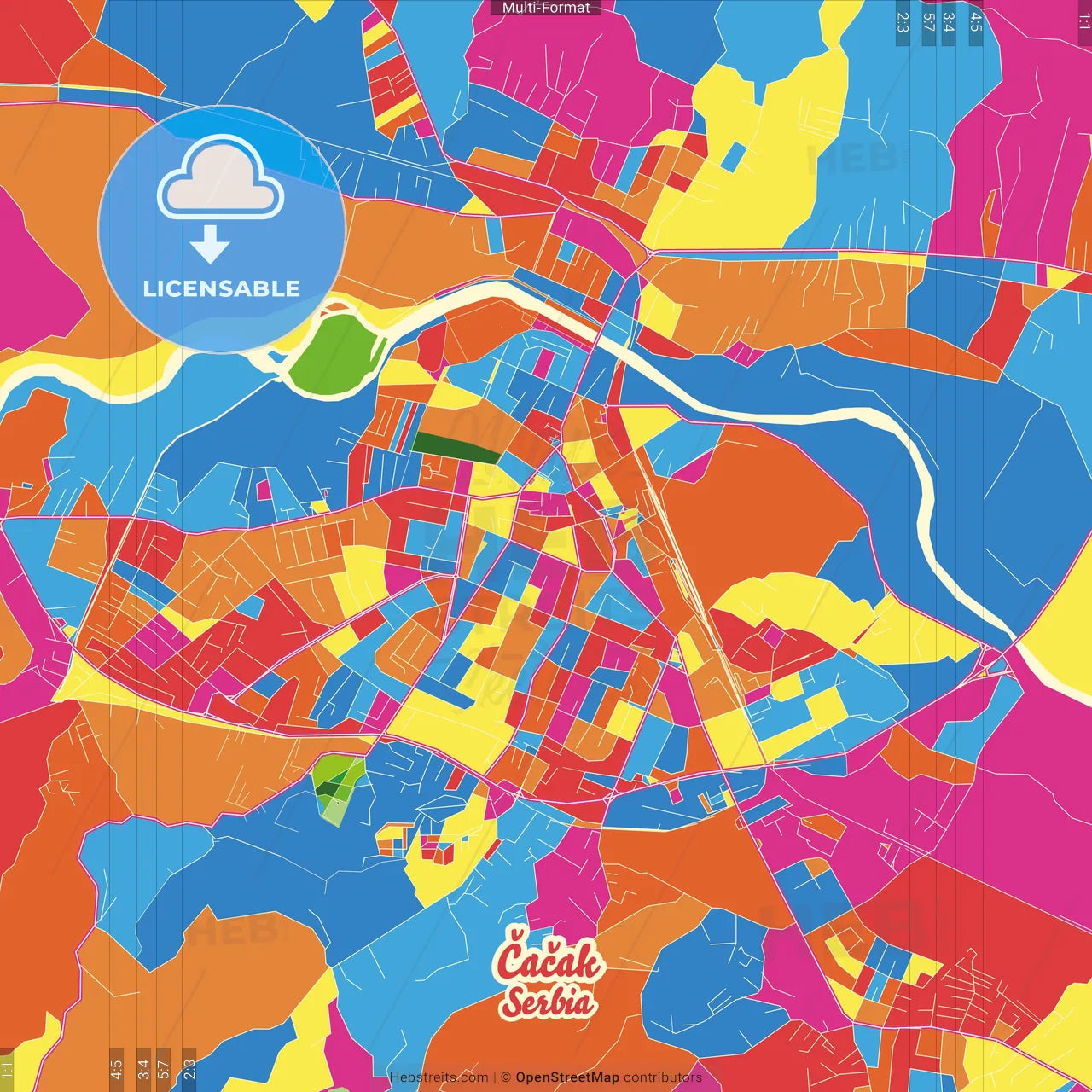 Čačak, Moravica, Serbia Crazy Colorful Street Map Poster Template